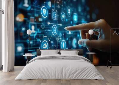 Hand touching a digital screen with icons of technology and online network connection, cloud storage, or security system on a dark blue background. Wall mural