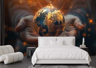 Hands holding a glowing globe with economic indicators and growth trends, symbolizing global economic growth. Generative AI. Wall mural