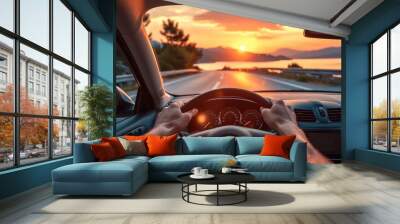 Hands of car driver on steering wheel road trip drive in summer vacation at sunset. Generative AI. Wall mural