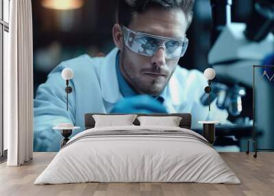 Handsome man scientist working in laboratory with safety protection glasses and blue medical gloves. man uses a microscope test tube experiments and analyzing results. Generative AI. Wall mural