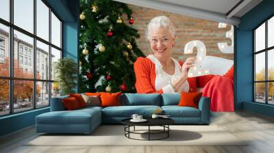 Happy smiling senior woman with christmas at home,Old age and people concept. Wall mural