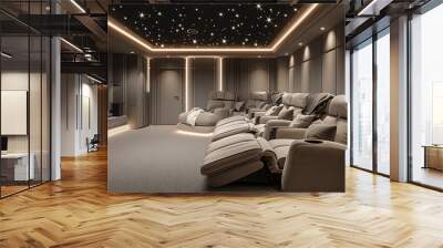 Home theater with beige carpet, black stars on the ceiling and gray walls with white details. The cinema has comfortable chairs. Generative AI. Wall mural