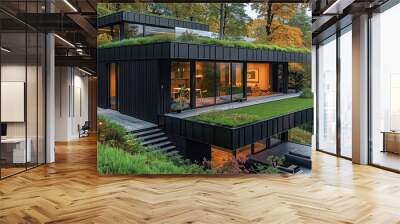 House into the forest, grass on the roof, designed to harmonize with the natural surroundings, wooden, smooth facade material, vegetation. Wall mural