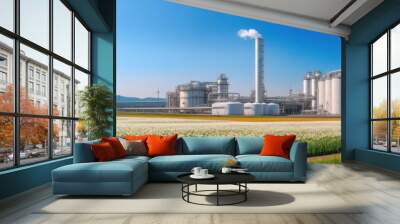 Hydrogen power plant with large steel tanks and pipes, Clean H2 energy concept. Wall mural