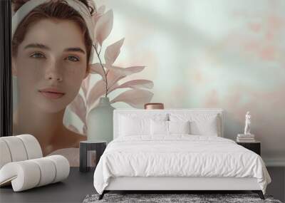 In light pastel colors, reflects spa, body care, cosmetology, face women. Wall mural