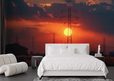 In the evening, the setting sun, and the outline of the electric tower became clearer. Wall mural