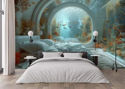 Incredible futuristic underwater bedroom, big panoramic view of the tropical fishes and reef. Generative AI. Wall mural