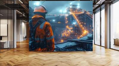 Innovative technologies, industry transformation. Panoramic view of a coal mining from the future, lights, schematic pulses, Engineer in protective clothing in the foreground. Generative AI. Wall mural