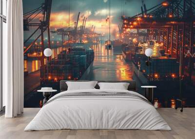 Intelligent data detection of shipping port, dark tone, very scientific and technological. Generative AI. Wall mural