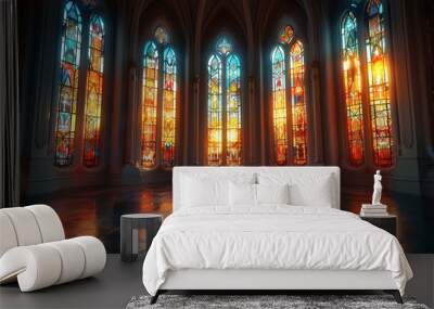 Interior design element, just the wall, dark wall with inset molding, church stained glass, with light shining in, sacred, symmetrical. Generative AI. Wall mural