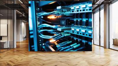 Internet cables and wires in server room with switch in company on the development of a quantum computer, Network background. Wall mural