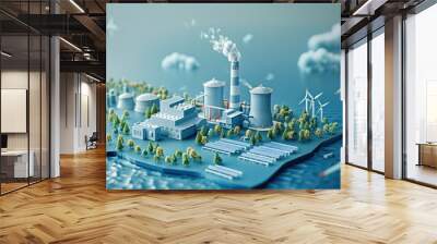 Isometric illustration of an industrial factory without smoke coming out from the chimney, a green trees, wind turbines and most of solar panels around, 3d rendering style. Generative AI. Wall mural