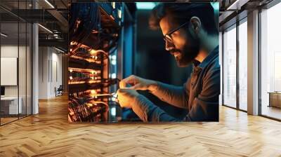 IT Professional male network are connecting cables in server cabinet while working in big data center. Wall mural