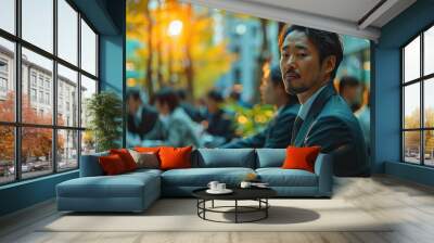 Japanese men in smart business suits are engaged in a productive dialogue. Generative AI. Wall mural