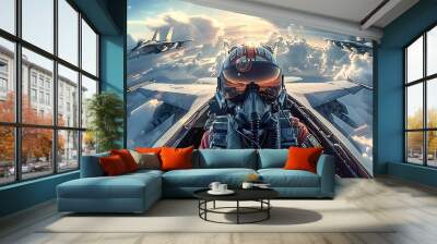 Jet fighter pilot sitting in Cockpit in flying jet, two jets in background flying in formation, Clouds, sun. Generative AI. Wall mural