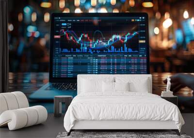 Laptop screen sports betting, front view, hands on laptop, showcasing financial charts with upward trending graphs and lines that symbolize positive trading results of growth, futuristic. Wall mural