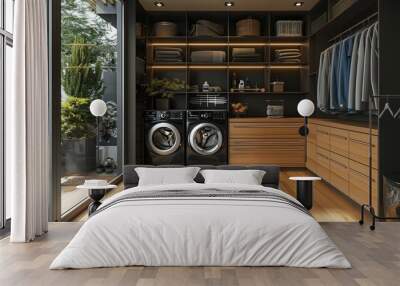 Laundry room in the style of modern industrial mixed with minimalism. Black and light wood. The washer and dryer next to each other, embedded in closet. Generative AI. Wall mural