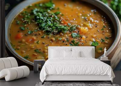 Lentil soup with fried pepper, minimalist, top view. Generative AI. Wall mural