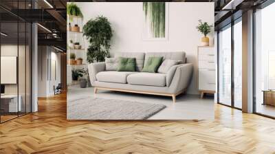 Living room with cozy grey sofa in a loft style interior with potted plants, Cozy bright room, carpet. Wall mural