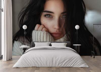 Long black hair, hiding her mouth with a baggy sweater, in the room, cute face, cheerful girl. Wall mural