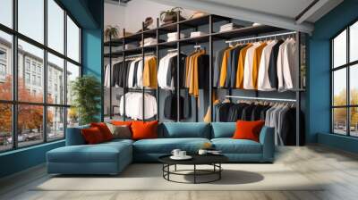 Luxury clothes in the shop, fashionable men's clothing store with a stylish interior design in shopping mall, Selling a variety of clothing and apparel. Wall mural