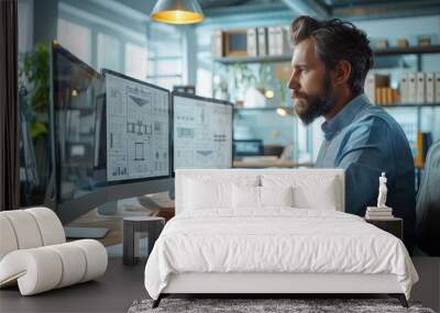 Male architect sitting in front of 3 computer screens checking a construction plan at bright office, modern workspace. Generative AI. Wall mural