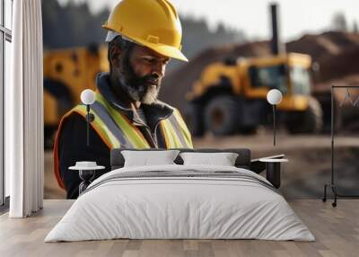 Male engineer with hardhat using digital tablet while working at construction site. Wall mural