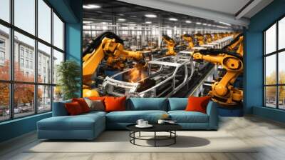 Many robotic arms doing welding on car metal body in manufacturing plant, Cars on production line in smart factory. Wall mural