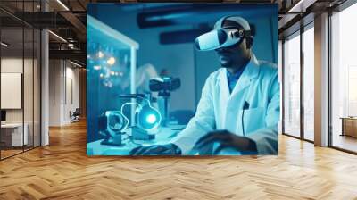 Medical technology concept, Mixed media, Doctor wearing virtual reality glasses, Checking brain testing result with simulator interface, Innovative technology in science and medicine., AI generated. Wall mural