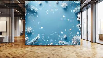 merry christmas and new year greeting card. white decorative, pine cones, confetti on blue holiday b Wall mural