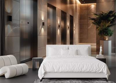 Modern elevator lobby with 3 elevators, residential complex, light beige and graphite colors, interior design trends, soft lighting. Generative AI. Wall mural