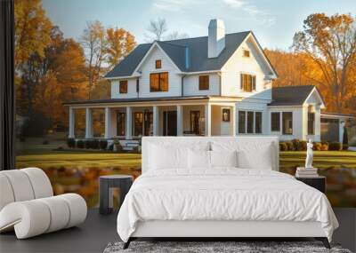 Modern farmhouse home exterior with white walls and roof shingles on top, sunny autumn day. Generative AI. Wall mural