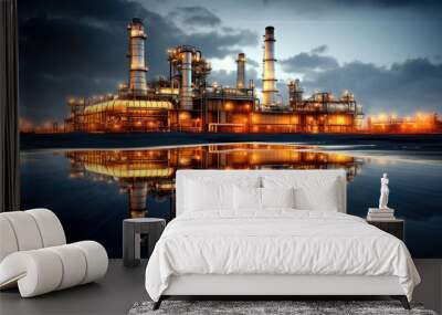 Modern illuminated refinery is visible at dusk, Lights from the buildings, Oil market prices continuously increasing, World Oil Industry concept. Wall mural