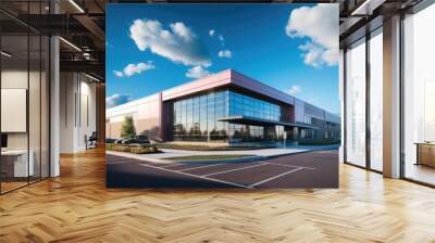 Modern industrial warehouse distribution building and parking lot under beautiful cloudy sky. Wall mural