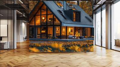 Modern nordic new cozy house in autumn nature with yellow leaves, warm light visible from windows. Wall mural