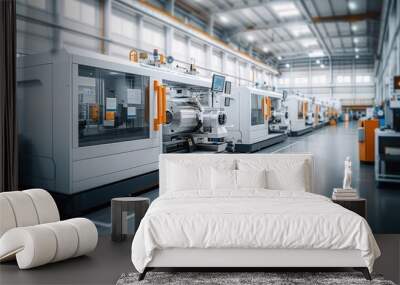 Modern production hall with CNC milling machines in a bright an friendly environment. Generative AI. Wall mural