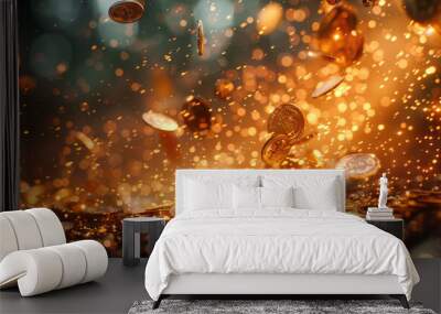 Money Rain, dark background, golden vibes. Generative AI. Wall mural