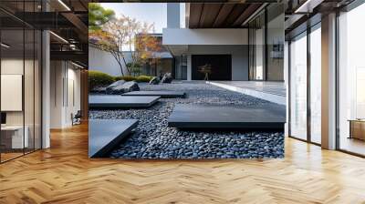 Natural minimalist courtyard style rock fragmentation patchwork walking black gravel leisure platform. Generative AI. Wall mural