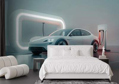 New energy vehicles and charging stations, isolated and minimalist background. Generative AI. Wall mural