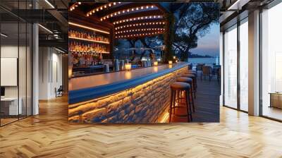 Outdoor bar of a luxurious bar at midnight, with round counter. Generative AI. Wall mural