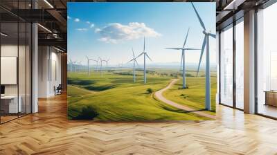 Panoramic view of wind farm or wind park with high wind turbines for generation electricity, Wind Energy And Technology, Green energy concept. Wall mural