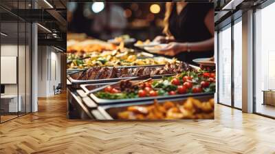 People group eating buffet food in restaurant. Wall mural