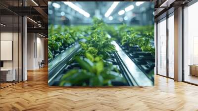 Plants in industrial vegetable plots, a green farm vegetable, plant assembly from different parts on conveyor line in a factory. Generative AI. Wall mural