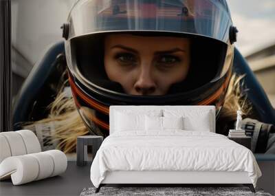 Portrait of a professional woman sports car racer in a helmet driving auto on the track. Wall mural