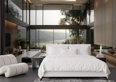 Private modern luxury living room with a height of 4.5 meters, facing a whole wall of extra-large floor-to-ceiling windows, comfortable designer sofas, coffee tables with forest view. Generative AI. Wall mural