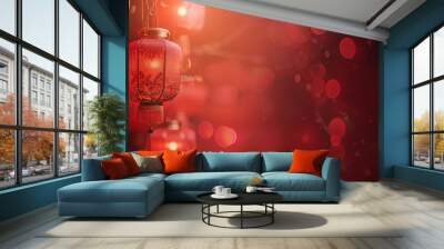 red background, chinese lantern decoration, red light effect, bright colors, traditional elements, f Wall mural