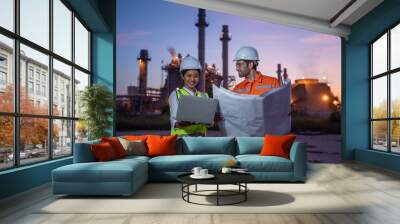 Refinery industry engineer are working and discussing at front oil and gas industrial factory,Oil refinery plant for industry. Wall mural