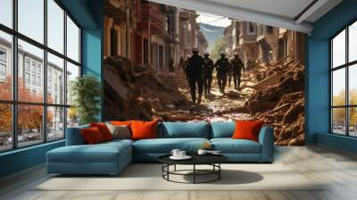 Rescue forces searching people in a destroyed building after earthquake. Wall mural