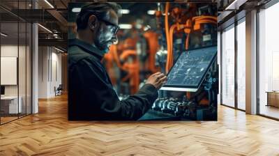 Robotic Process Automation engineer using laptop for smart factory automation software, Technology, Software and safety control. Wall mural