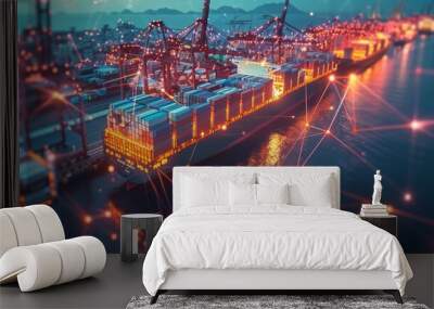 Row colorful shipping containers dock glowing lines connecting world map global trade route dusk. Generative AI. Wall mural